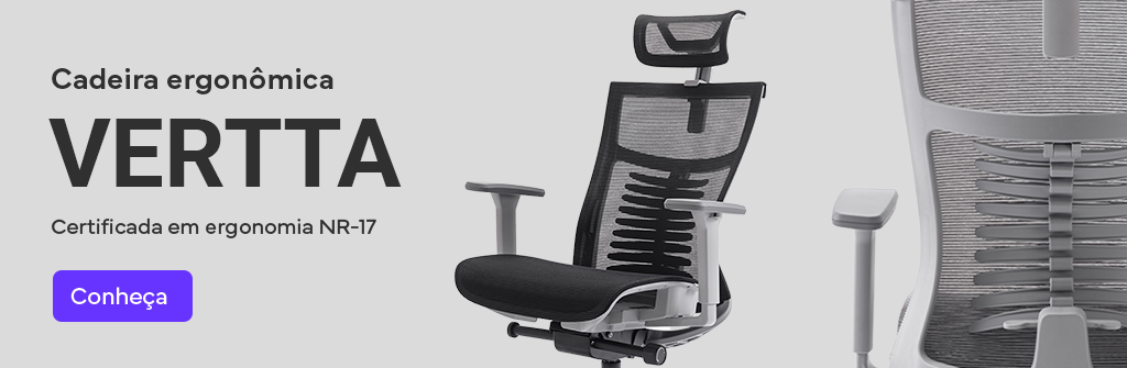 Banner clicável com a frase "cadeira ergonômica Vertta" e imagens do produto.