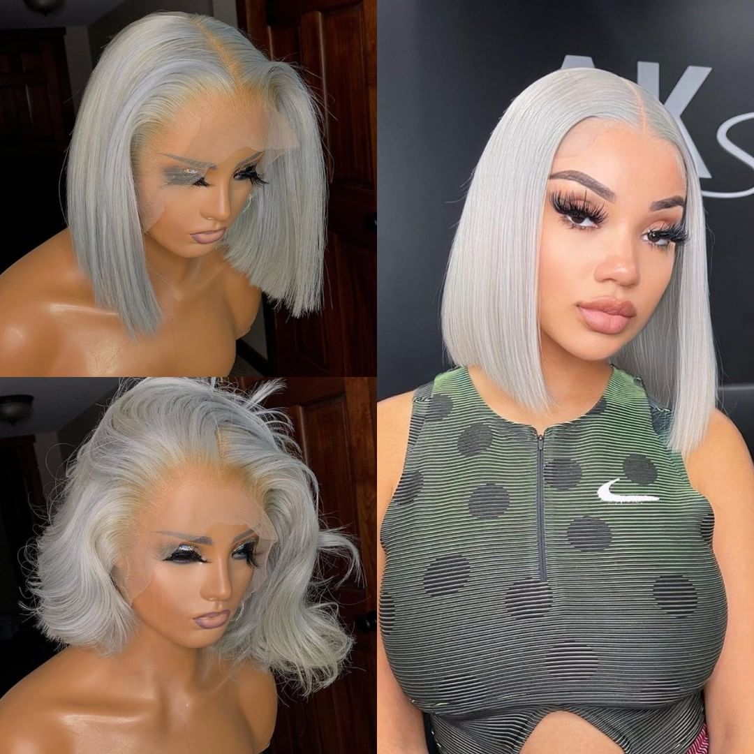 200% Silver Gray Transparent Lace Front Bob Wig