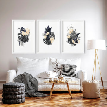 Gold Tropical boho decor, set of 3 wall art prints