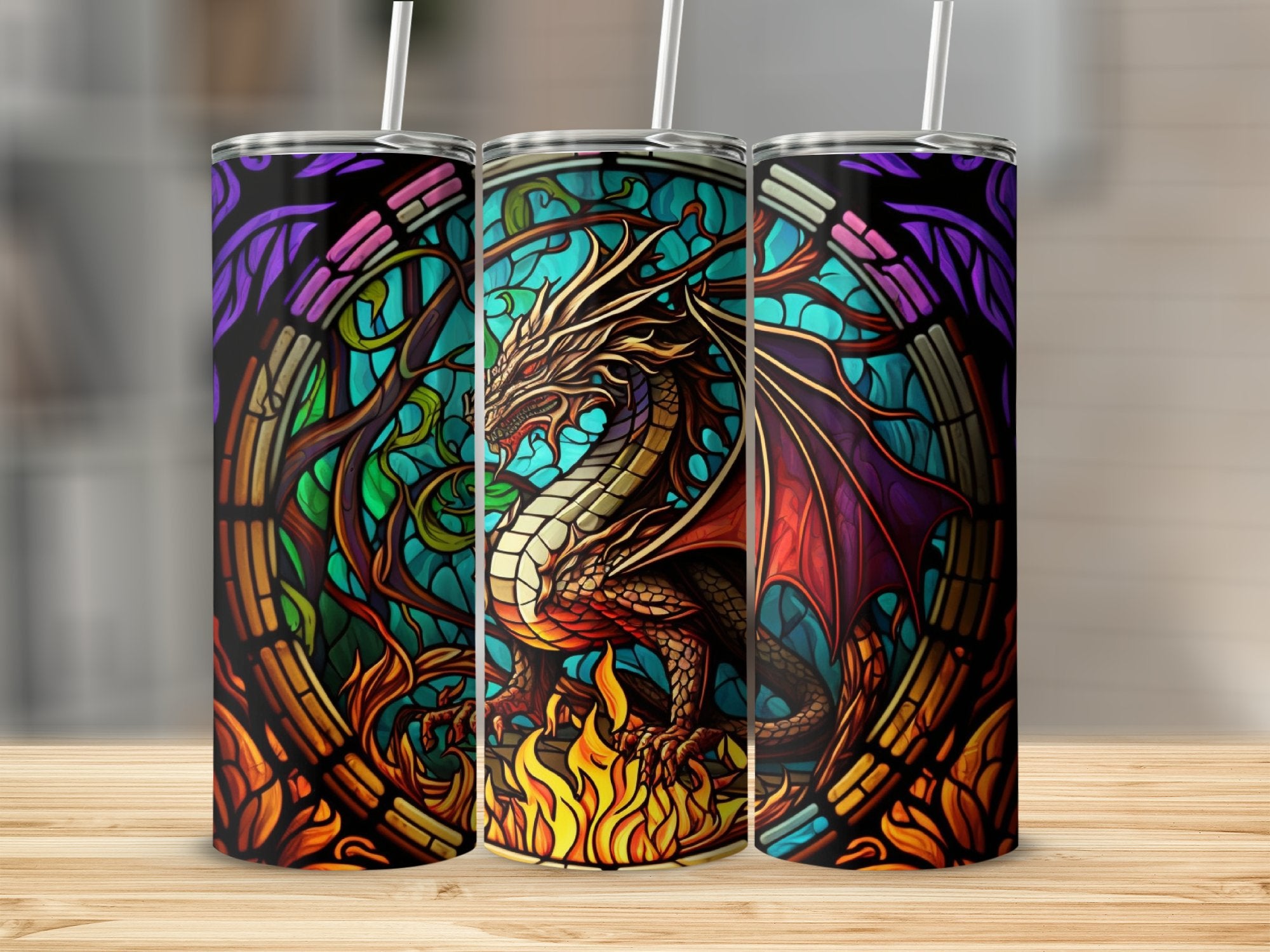 Dragon With Flames Stained Glass Window Style Art Tumbler