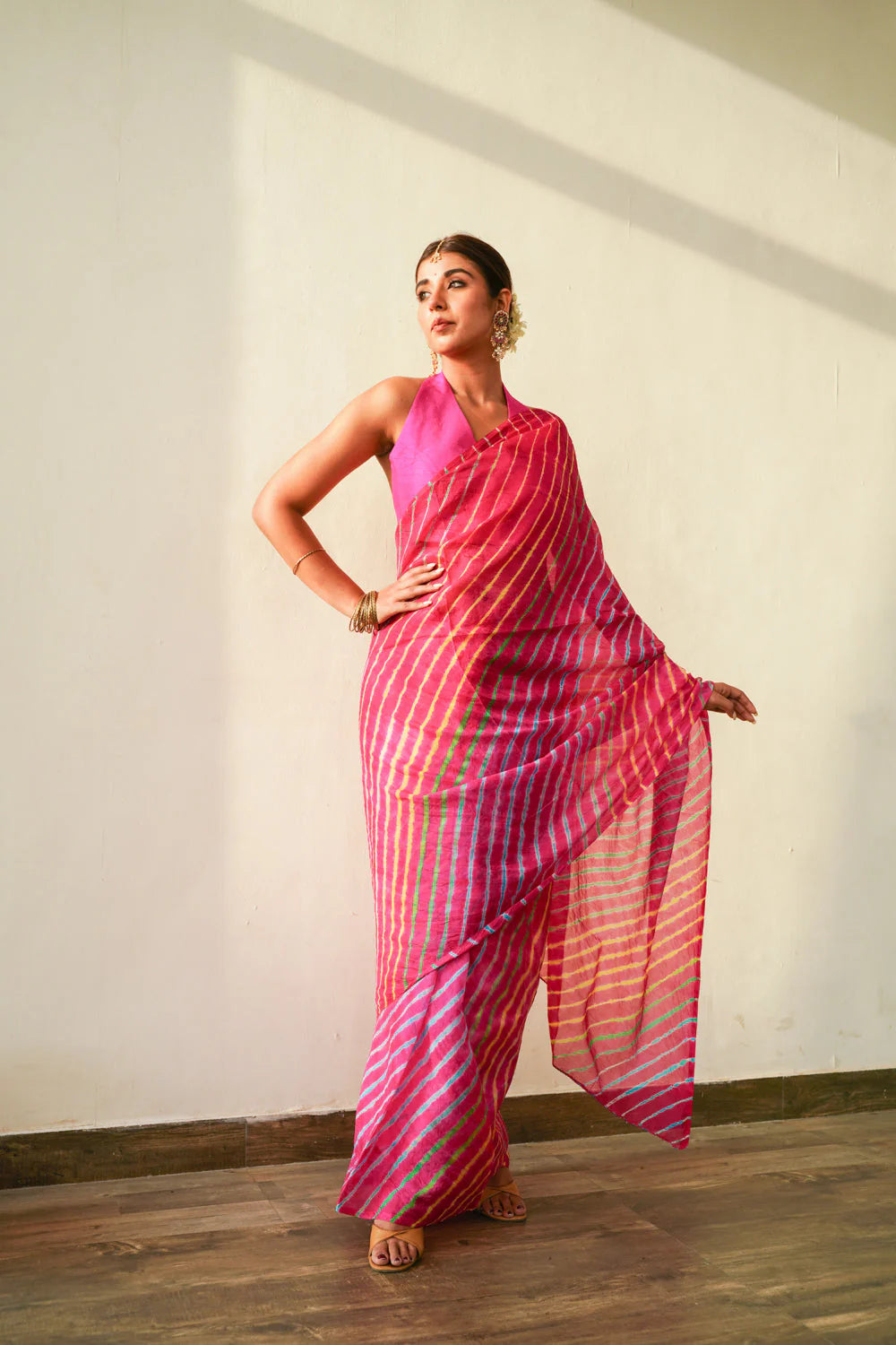 Fuchsia Multi Leheriya Silk Saree