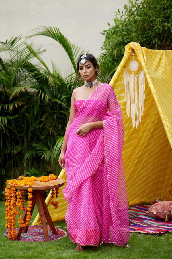 Vivacious Hot Pink Zari Contemporary Saree -