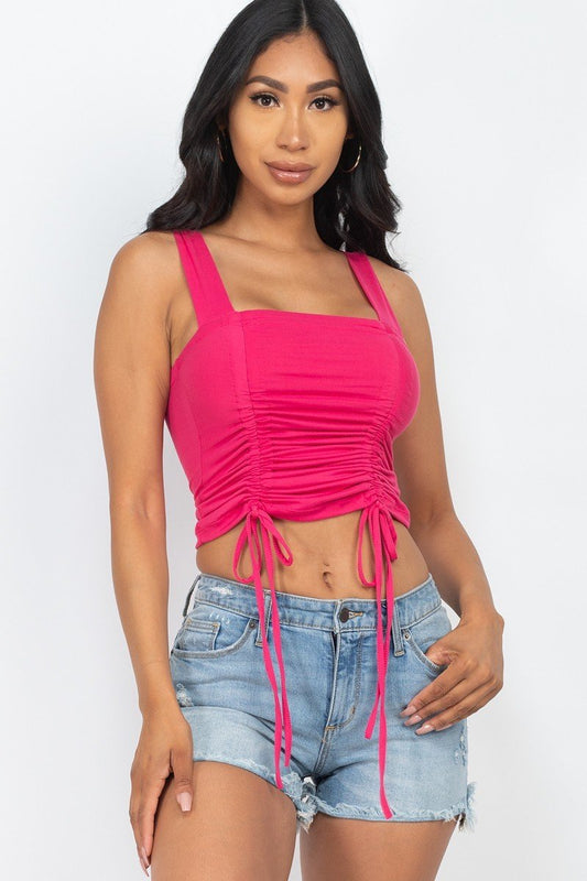 Mesh Strappy Adjustable Ruched Crop Top With Matching See Through Side  Panel Leggings