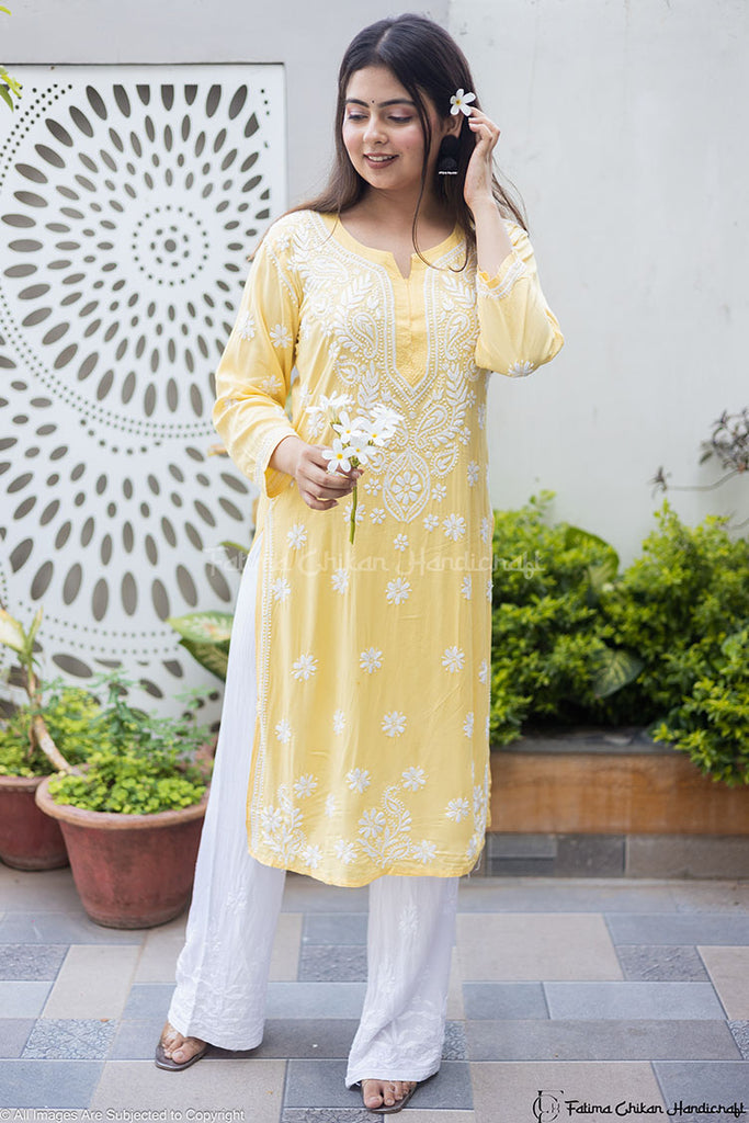 Simple Stylish Ethnic Cotton Kurti with buttons For Women (Yellow)