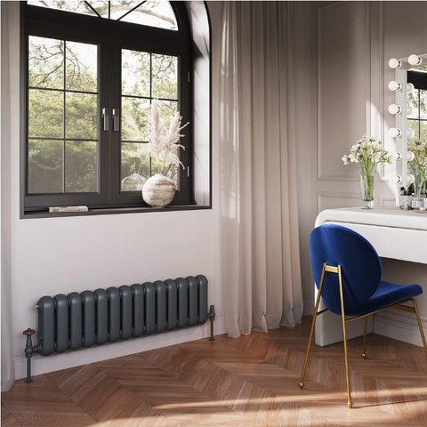 An image of a grey radiator placed underneath a window in a makeup room