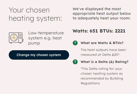screenshot showing alpha radiator delta 30 heat outputs