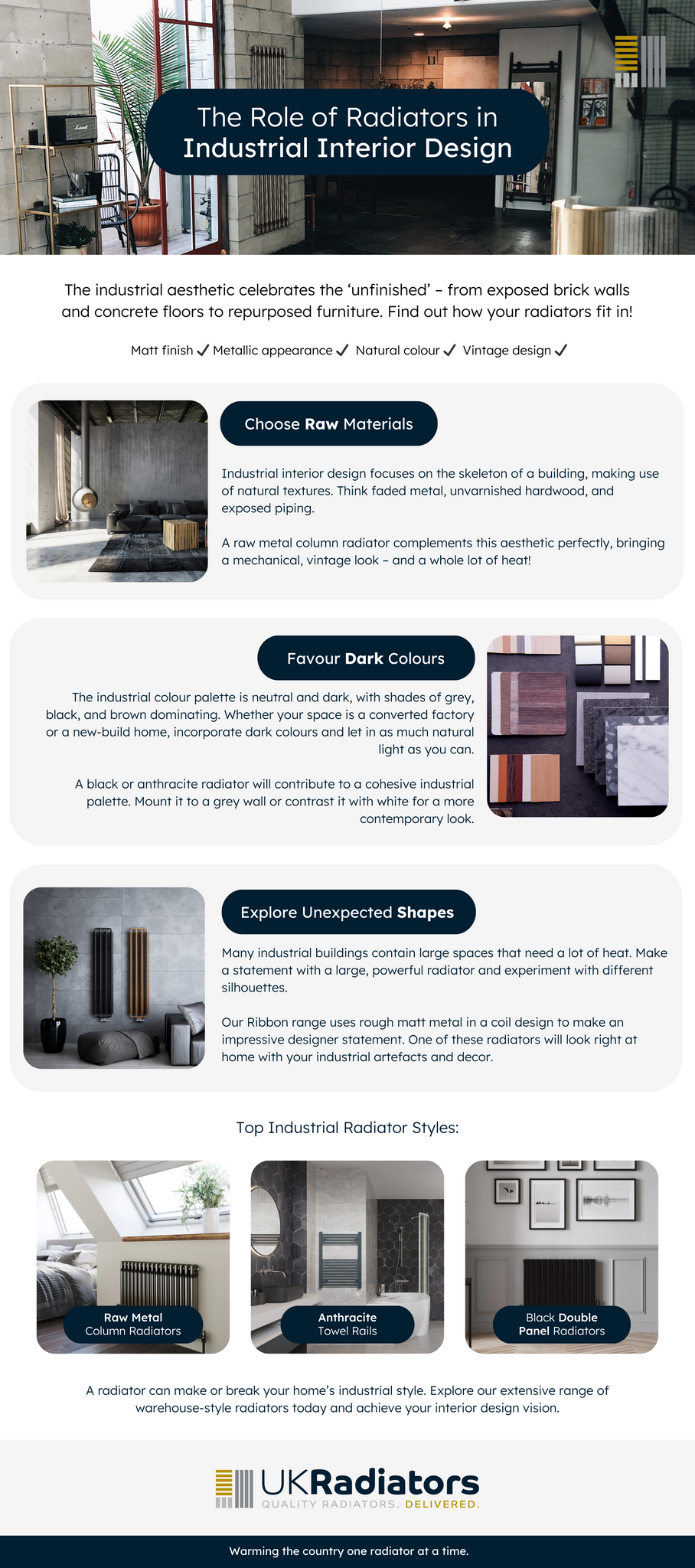 An infographic shows the title ‘The Role of Radiators in Industrial Interior Design’ over an image of a warehouse-style living room. Tabs recommend choosing raw materials, favouring dark colours, and exploring unexpected shapes. Below are images of a raw metal column radiator, an anthracite towel rail, and a black double-panel radiator.