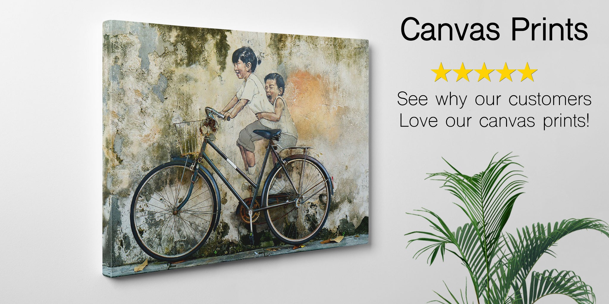 Bicycle canvas photo print hanging in a living room environment. 