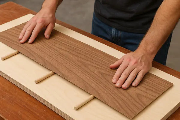 Hands using a J-roller to press walnut veneer from center outward on a panel.
