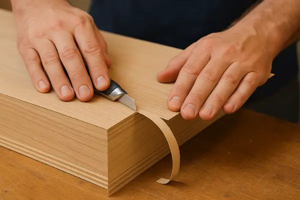 Utility knife guided along edge, slicing a clean ribbon of overhanging veneer for a flush finish.