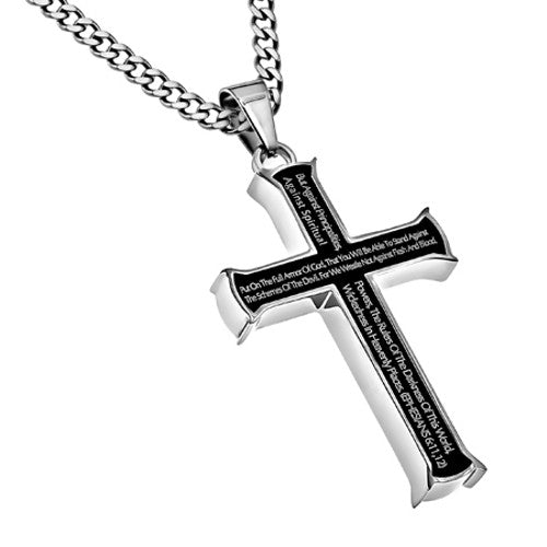 Men's Black Steel Cross Pendant, Armor of God Necklace Ephesians 6:11 ...