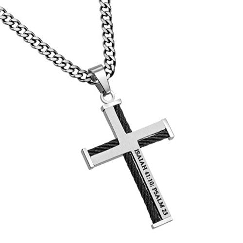 Cable Cross Necklace for Men, Psalm 23 & Isaiah 41:10 Bible Verse FEAR ...