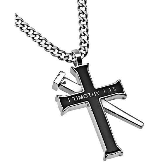 1 TIMOTHY 1:15 Black Cross and Nail Necklace with Bible Verse ...
