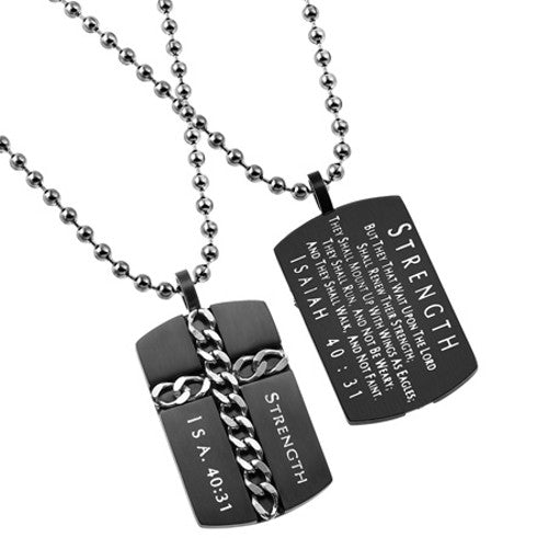 Black Dog Tag, Isaiah 40:31 STRENGTH Christian Cross Necklace, Steel B ...