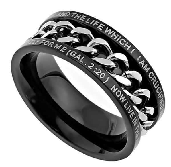 Crucified Ring, Black Stainless Steel Spinner Chain with Bible Verse ...
