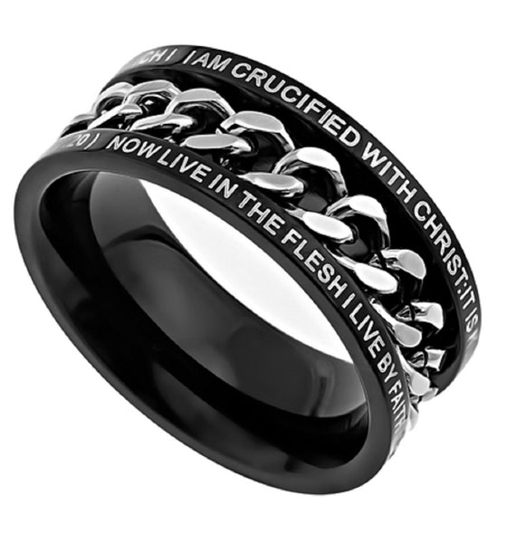 Crucified Ring, Black Stainless Steel Spinner Chain with Bible Verse ...