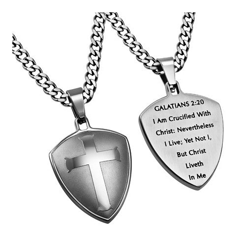 Shield of Faith Necklace, Crucified With Christ Bible Verse, Steel Curb ...
