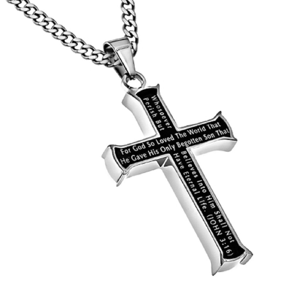 John 3:16 Black Cross Necklace FOR GOD SO LOVED THE WORLD Bible Verse ...