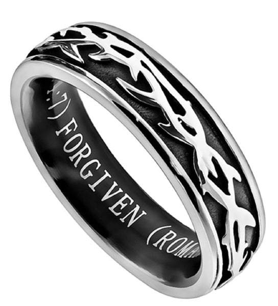 Crown Of Thorns Forgiven Ring, Stainless Steel, Christian Bible Verse ...