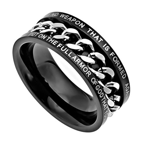 Isaiah 54:17 Ring, Black Stainless Steel Spinner Chain with Bible Vers ...