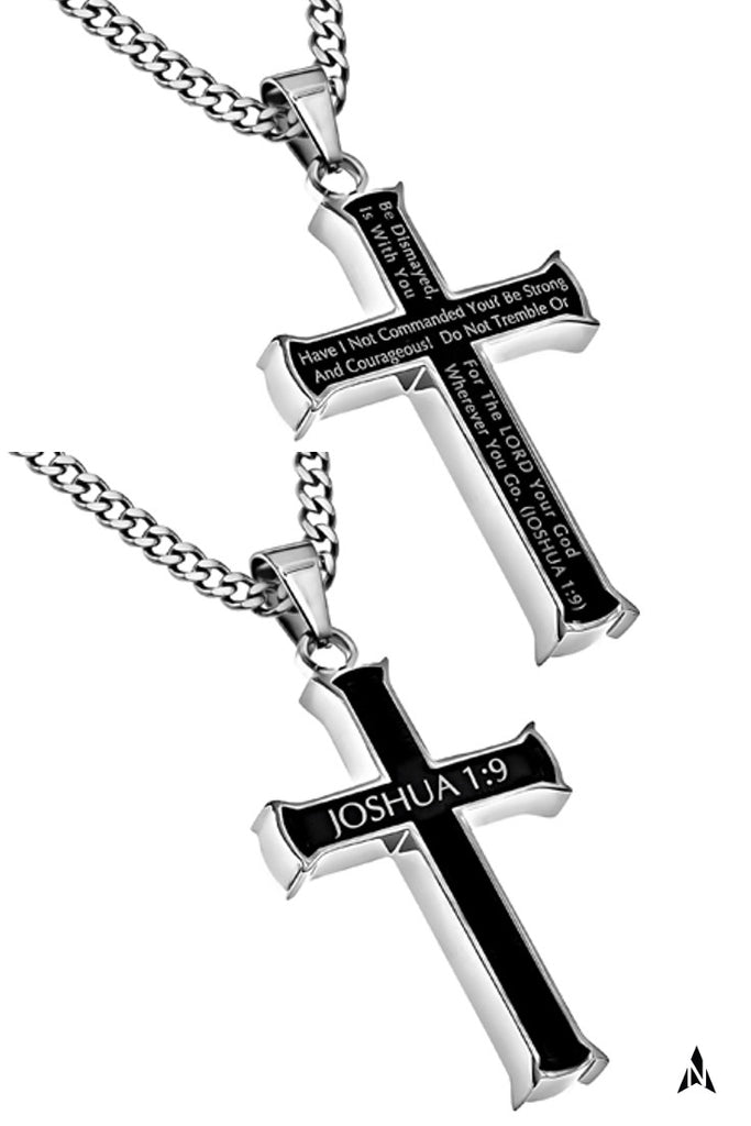 Men's Black Steel Cross Pendant, Joshua 1:9 Bible Verse Necklace, Curb ...