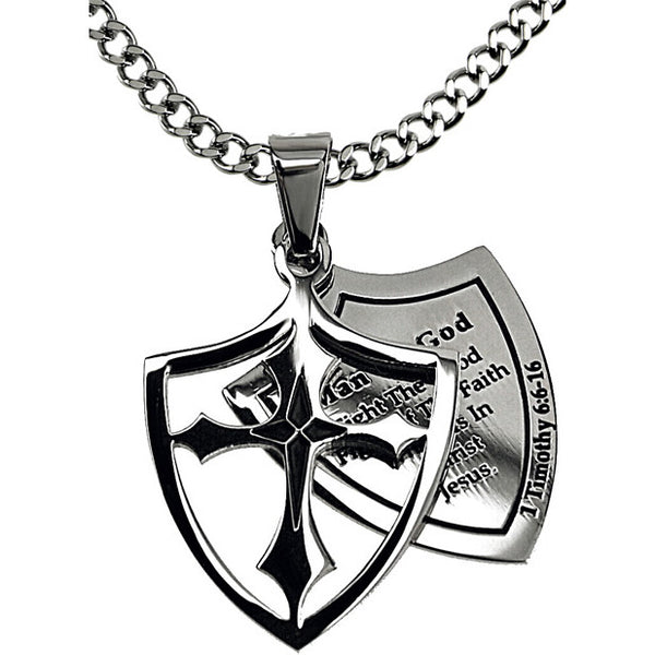 Man Of God Fight Necklace Two Piece Cross Shield with Bible Verse ...
