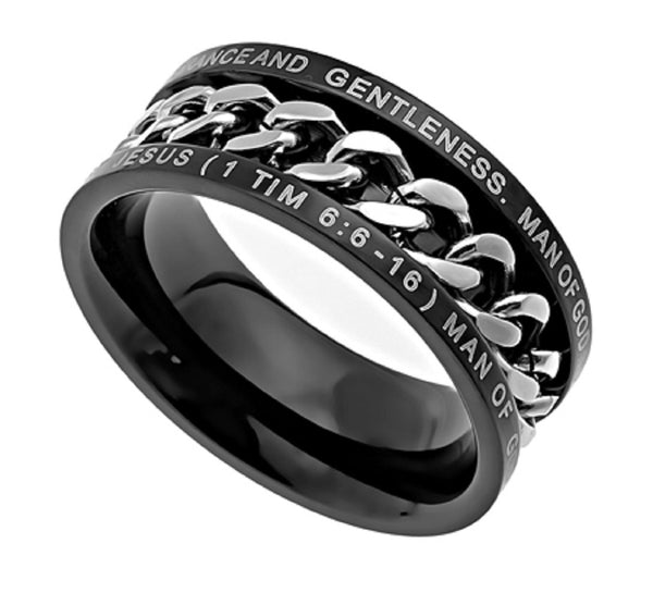 Man of God Ring, Black Stainless Steel Spinner Chain with Bible Verse ...