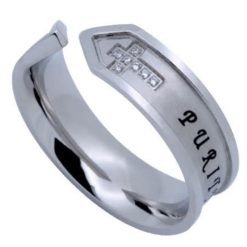 PURITY Ring Matthew 5:8, Open End, Double Cross Stainless Steel with CZ ...