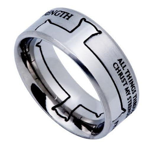 Philippians 4:13 Cross Ring, STRENGTH Bible Verse, Stainless Steel ...