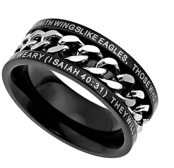 Strength Isaiah 40:31 Ring, Black Stainless Steel Spinner Chain with B ...