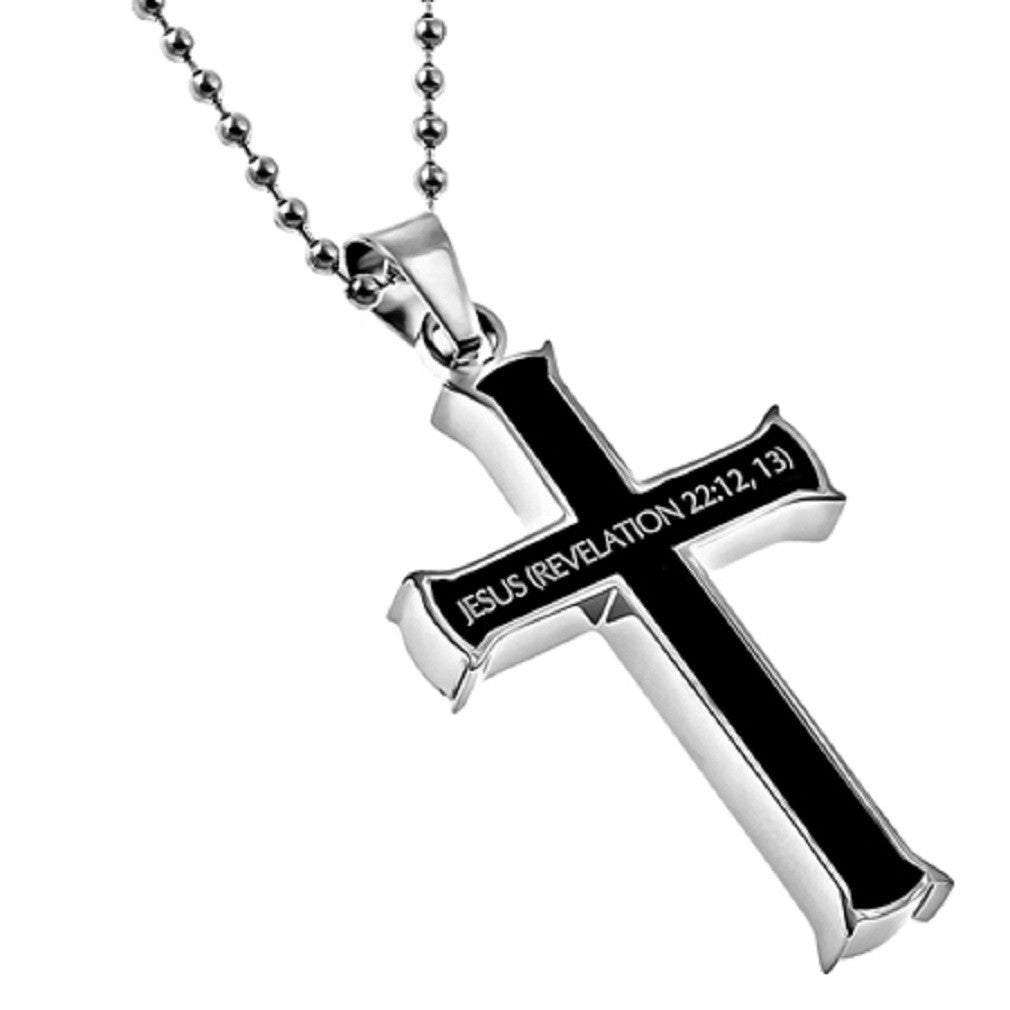 Revelation 22:12,13 Black Cross Necklace ALPHA OMEGA Bible Verse ...