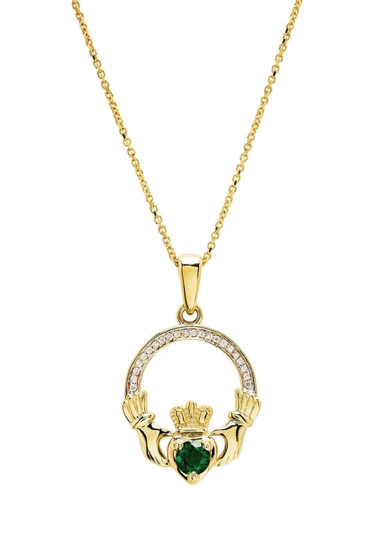 14kt Gold Lab Diamond and Emerald Claddagh Pendant