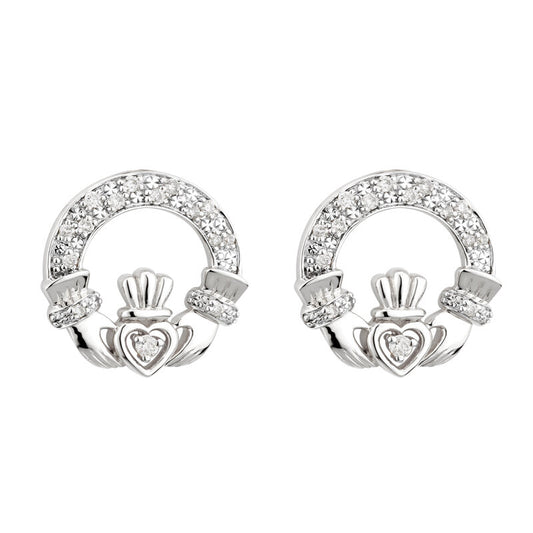 14k. WG Diamond Claddagh Stud Earrings