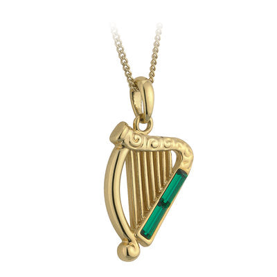 Gold Plated Harp Pendant with Green Crystal