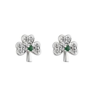 Solvar 14K. White Gold Diamond & Emerald Shamrock Stud Earrings