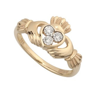 Solvar 14 Karat Yellow Gold Three Stone Diamond Claddagh Ring