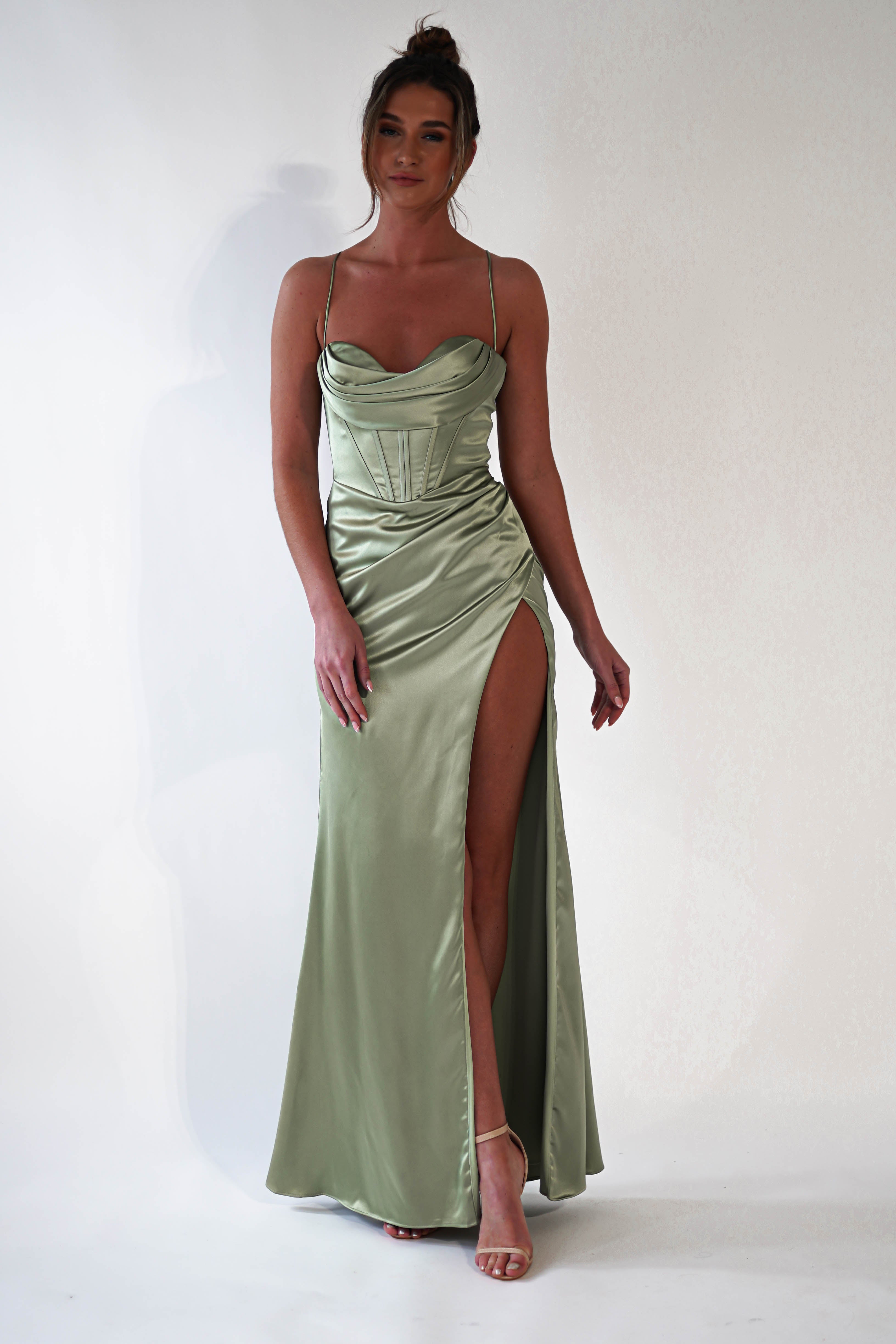 High Split Ruched Off Shoulder Satin Midi Corset Dress - Emerald Green –  Rosedress