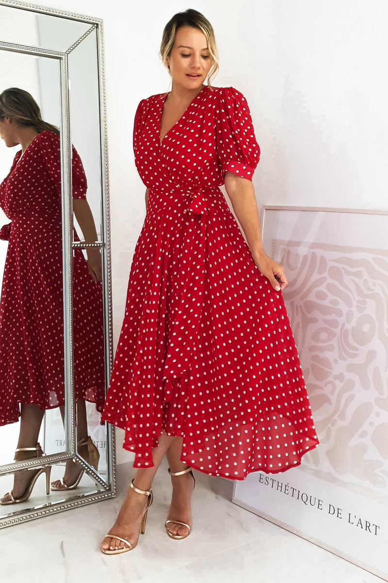 Red Heart Printed Wrap Midi Dress