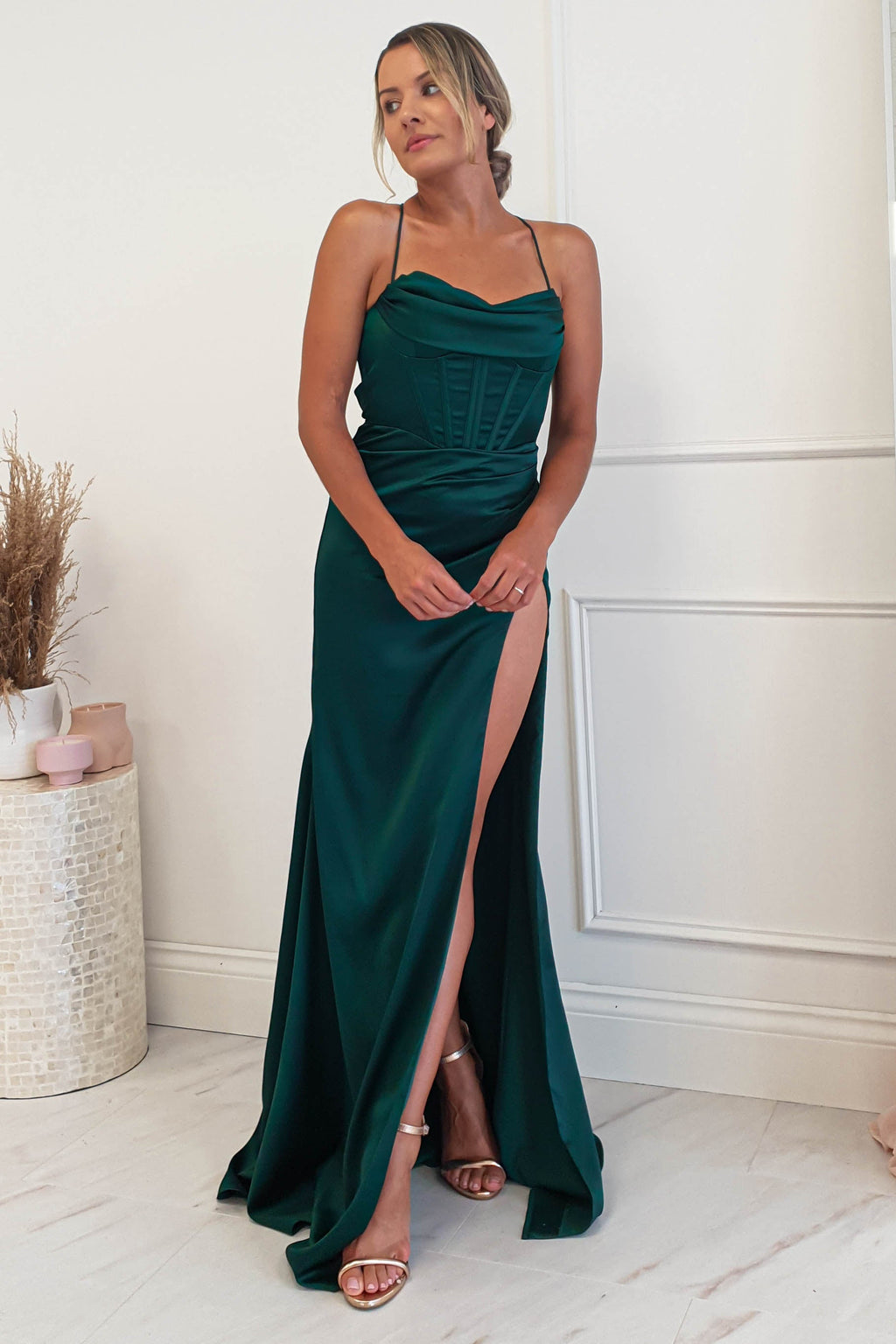 Cally High Slit Corset Gown | Emerald Green