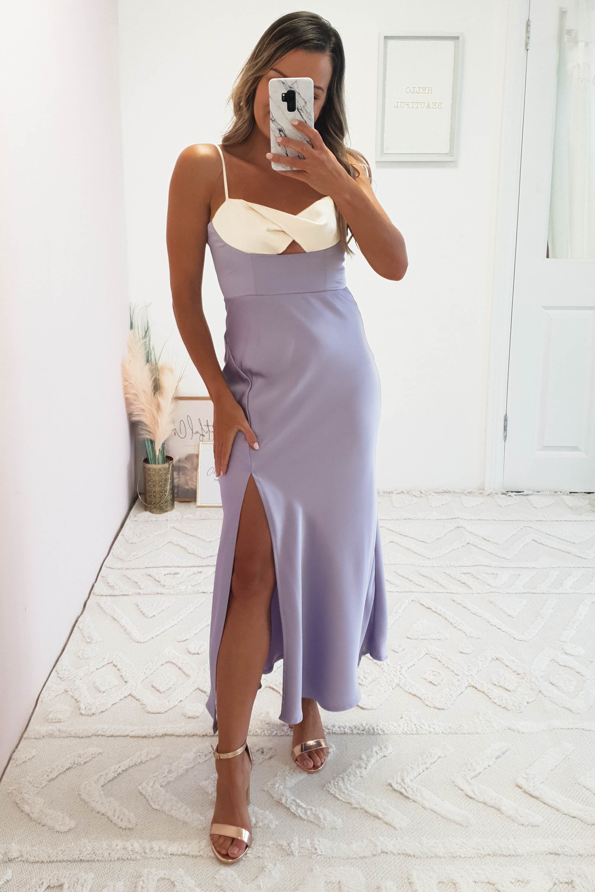 Whitney Satin Strapless Midi Dress | Lilac