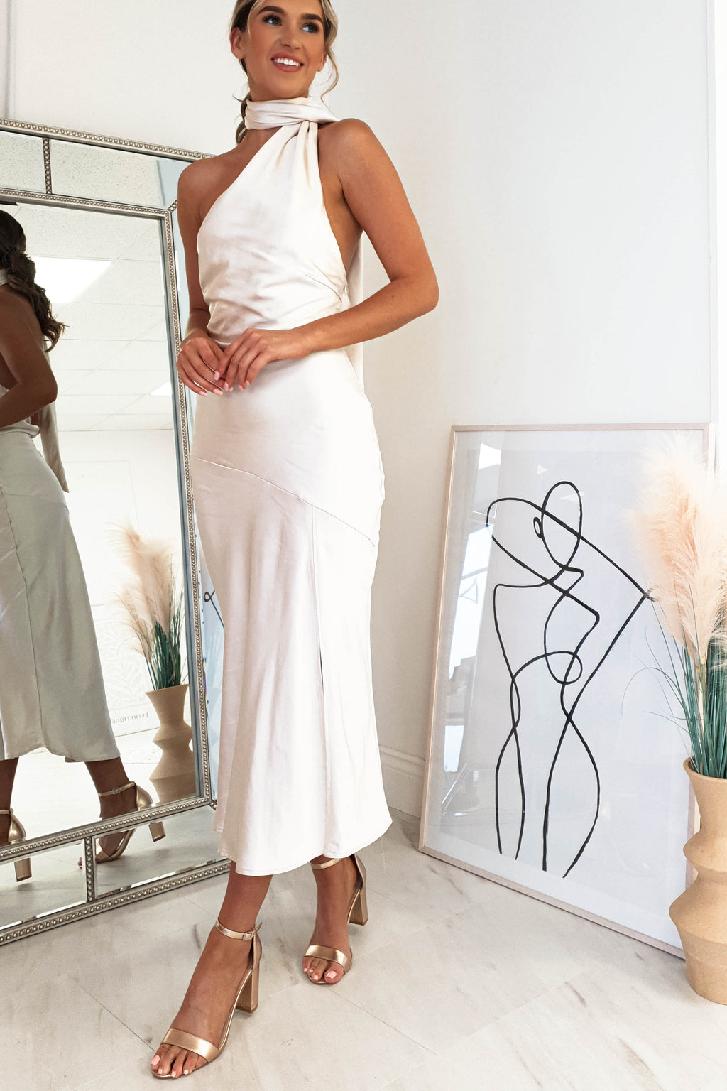 Thalia Soft Satin Midi Dress | Champagne | Wedding Guest