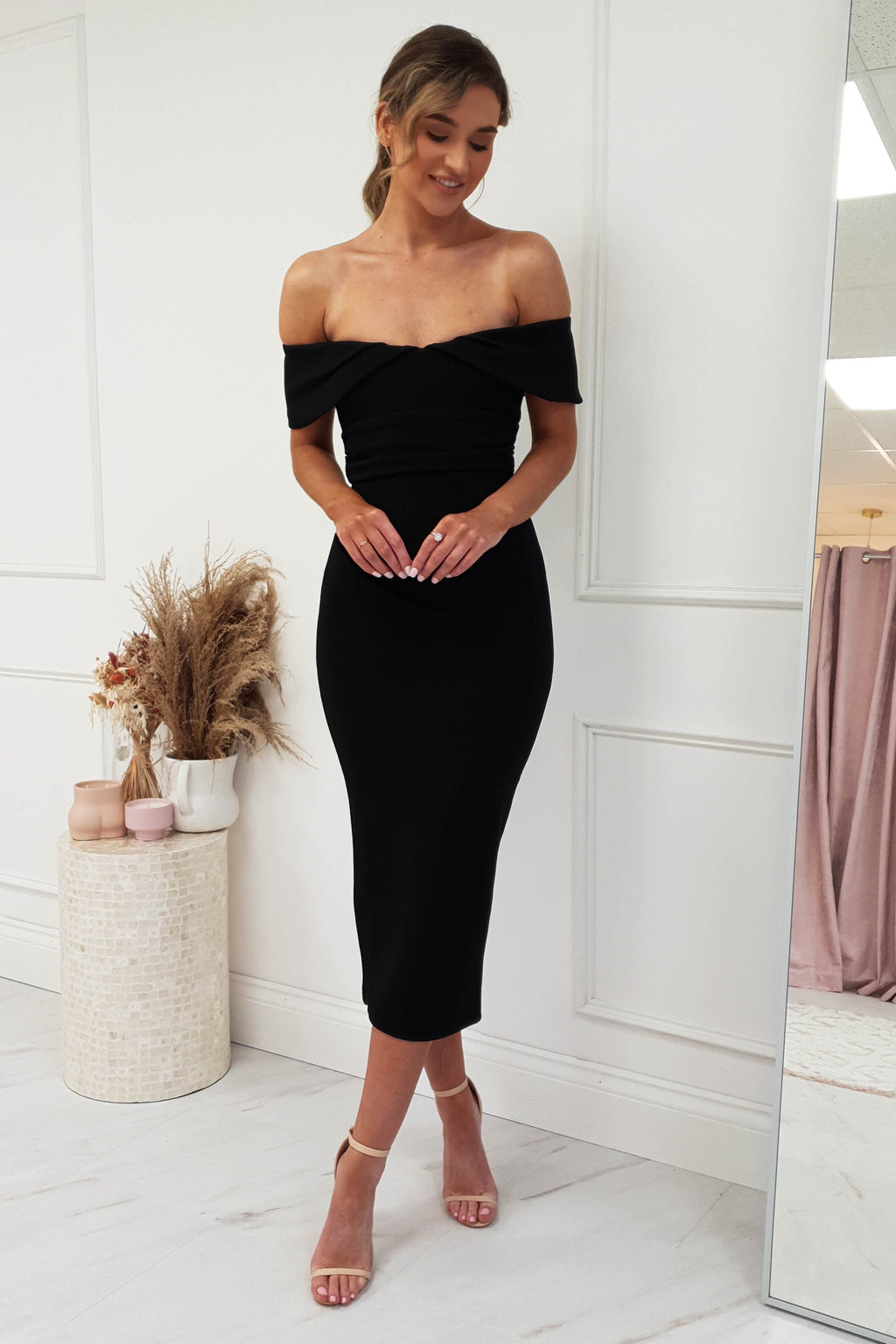 Melinda Off The Shoulder Bodycon Midi Dress Black 