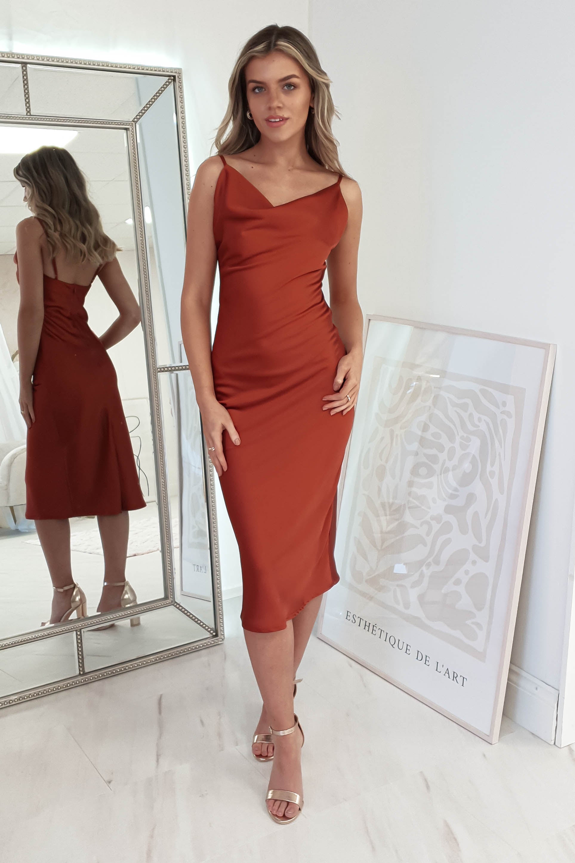 Satin Cowl Neck Tie Up Back Body-Con Midi Dress - RUST – Mellow Mauve