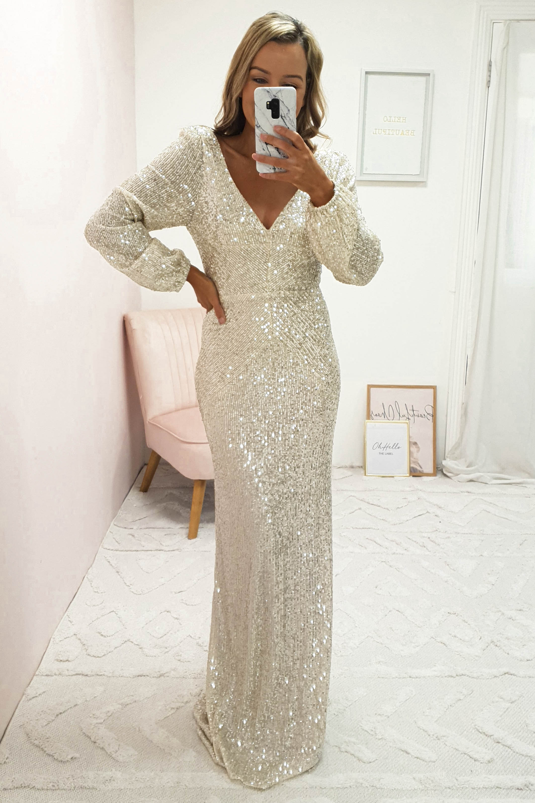 Scalloped V Neck Sequins Embroidered Long Sleeve White Bodysuit