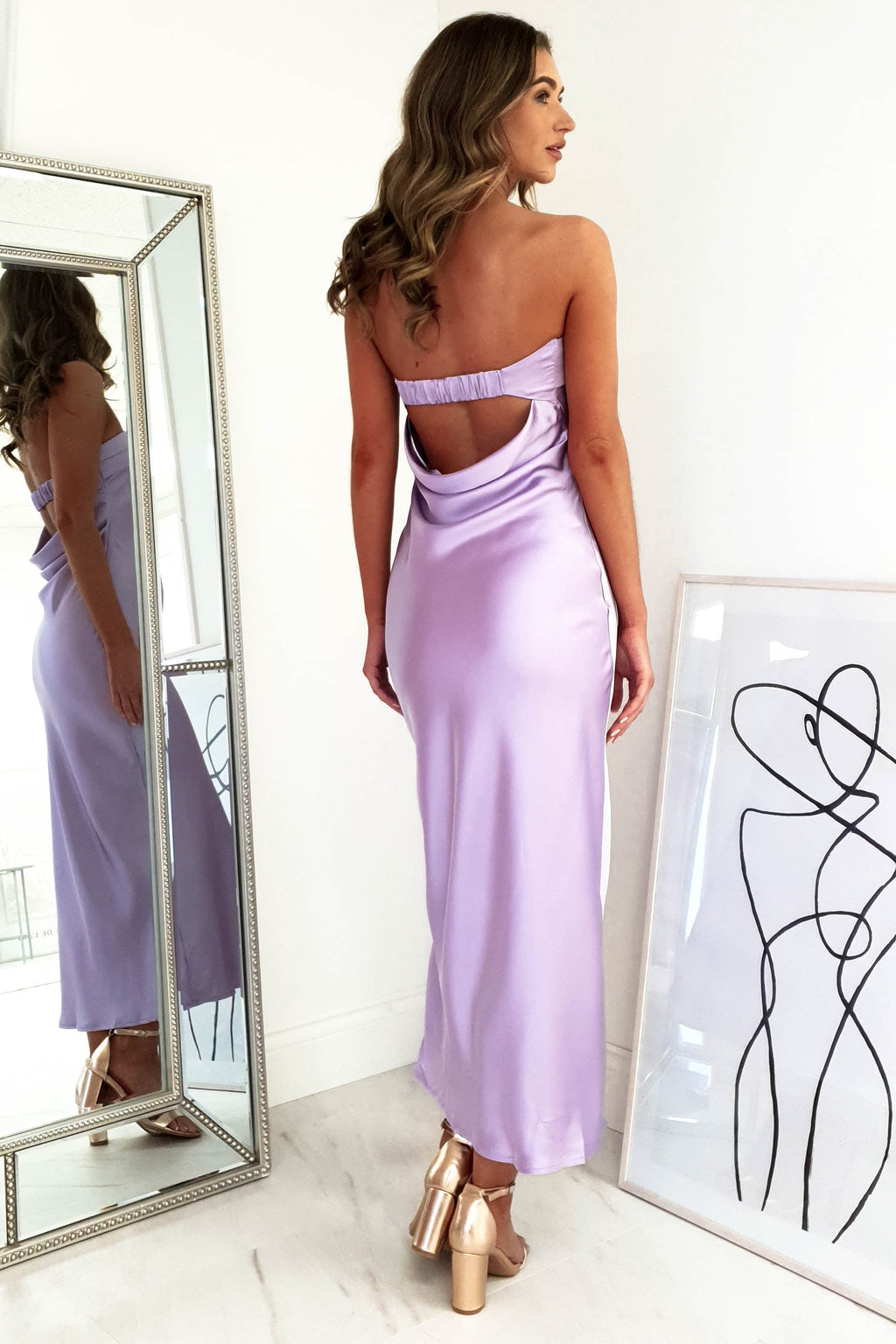 Whitney Satin Strapless Midi Dress Lilac 