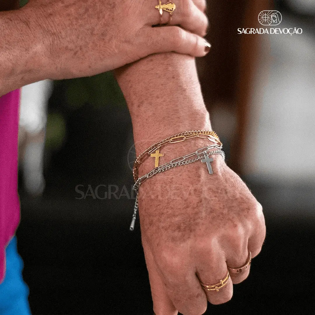 Pulseira de Cruz Feminina - Ouro 14K e Prata 925 4