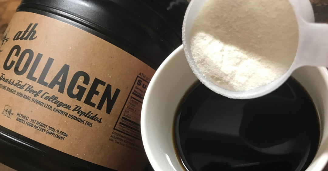 Collagen peptides powder pouring into coffee. 