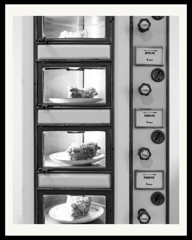Automat windows filled with apple and peach pie.