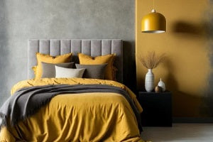 bedroom with yellow grey texture