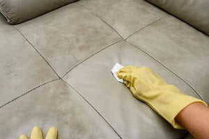 man cleaning leather sofa